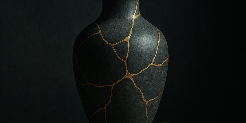 Eine Vase mit goldenen Rissen im Kintsugi Still