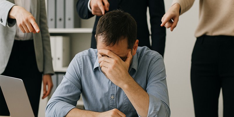 Eine Gruppe von Menschen zeigt mit den Fingern auf einen Mann mit gesenktem Kopf, er wird offensichtlich gemobbt