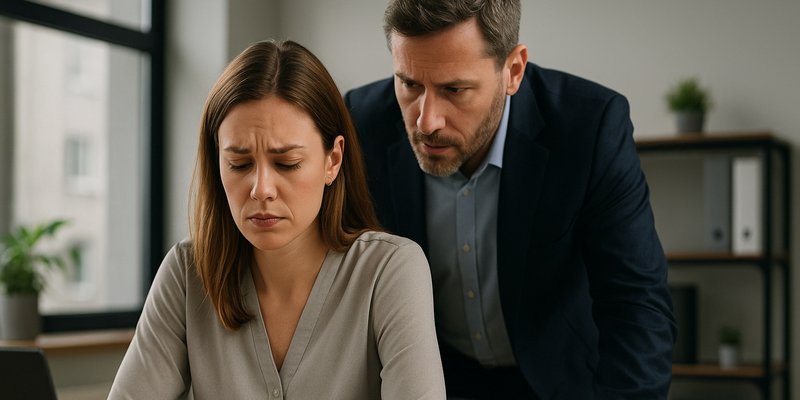 Ein Mann steht sehr nah hinter einer Frau, was ihr sichtlich unangenehm ist, wie sich in ihrem Gesichtsausdruck widerspiegelt