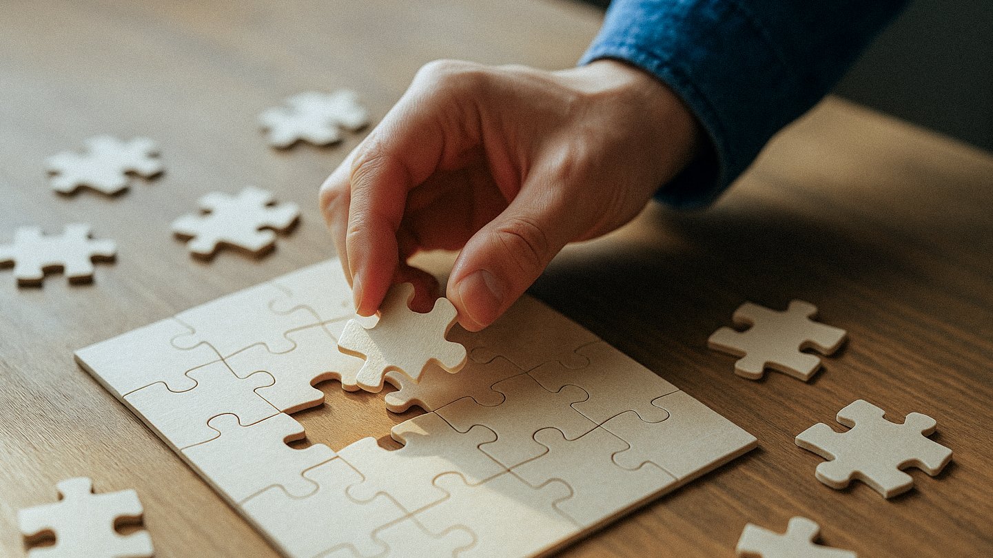 Eine Hand setzt das letzte Puzzleteil in ein fast fertiges Puzzle ein