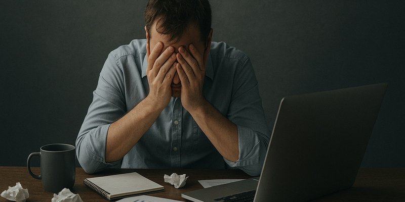 Ein Mann bricht vor Überforderung beinahe über seinem Schreibtisch zusammen